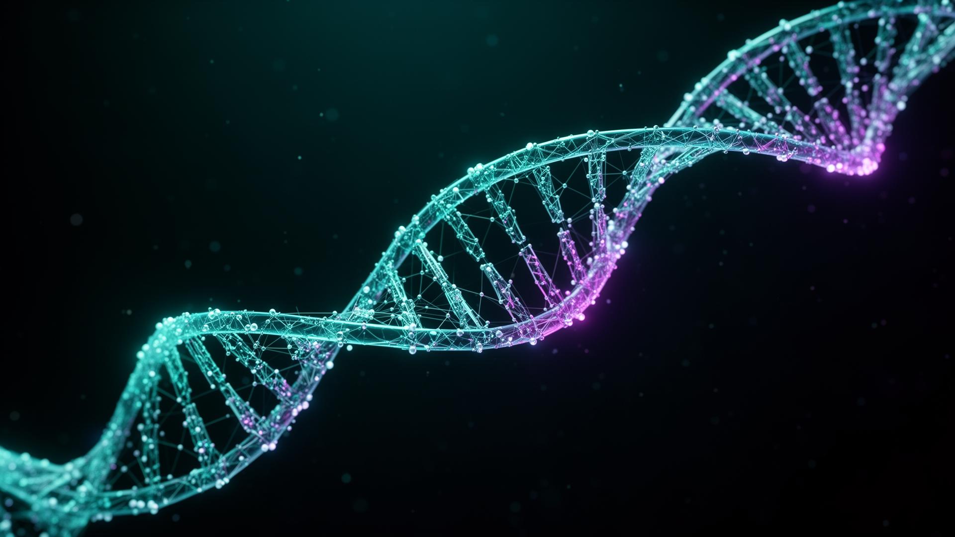 Cadeia peptídica e hélice de DNA em renderização 3D futurista
